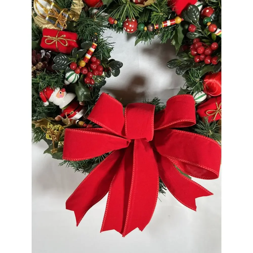 Vintage 16” Christmas Wreath Wood Beads Santa Bear Mouse Velvet Bow Gold & Red